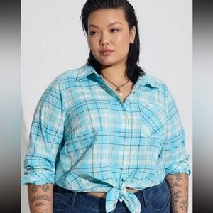 Torrid Pretty Blue Plaid Lizzie Cotton Button Up Top Shirt Plus Size 3X NWT